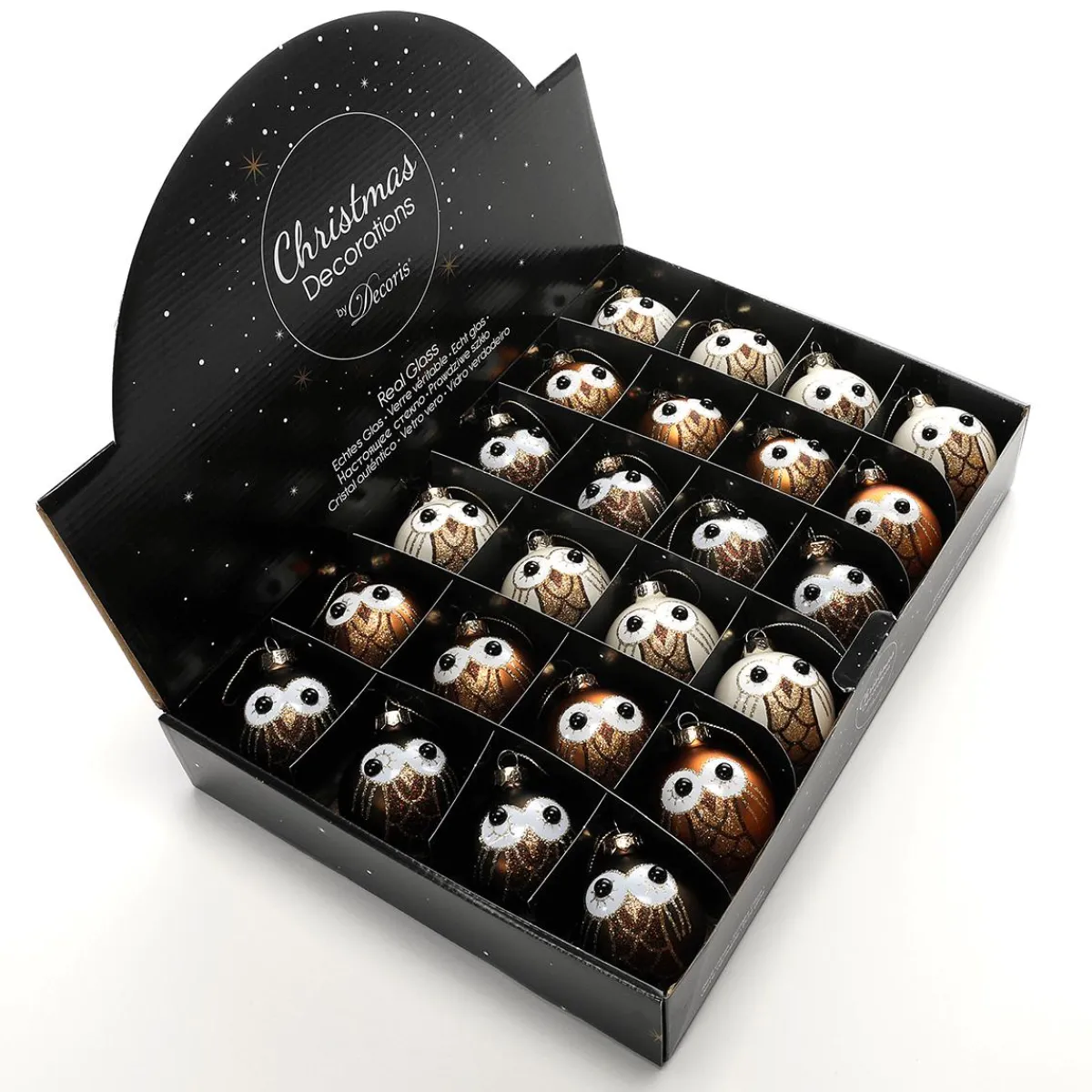 New DecoWoerner Deko Hänger Glas Kugel „Eule“ 24 Stück In Der Box braun