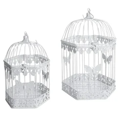 Clearance DecoWoerner Dekoratives Metall-Vogelkäfig-Set 2 Stück 48 X 26 X 23 Cm - 41 X 21 X 18 Cm weiß