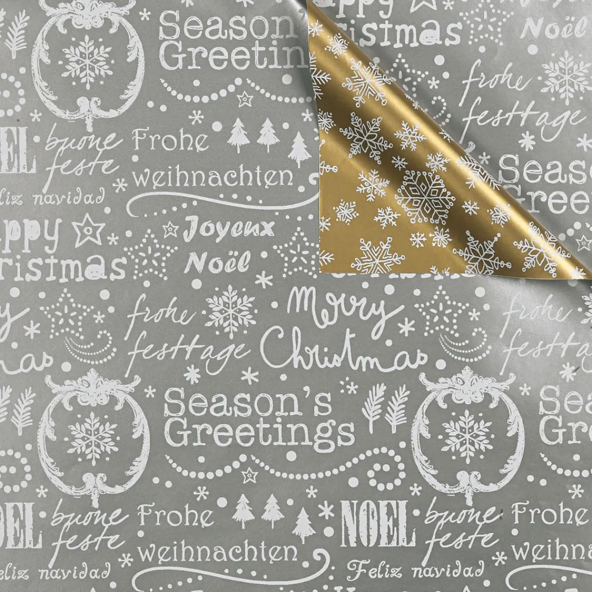 DecoWoerner Doppelseitiges Weihnachts-Geschenkpapier In & Silber Mit Weihnachtssymbolen – 50 M Geschenkpapier-Rolle gold