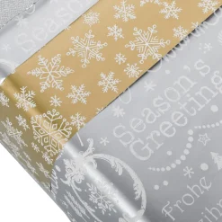 DecoWoerner Doppelseitiges Weihnachts-Geschenkpapier In & Silber Mit Weihnachtssymbolen – 50 M Geschenkpapier-Rolle gold