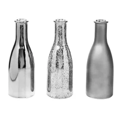 DecoWoerner Glas Vasen-Flaschen-Set 3 Stück 6,5 X 19 Cm silber