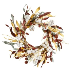 Online DecoWoerner Herbstlicher Deko-Türkranz "Baumwoll-Blüten-Grasmix" 26 Cm Ø braun
