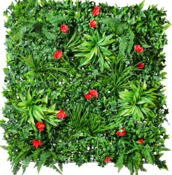 New DecoWoerner Künstliches Wandgarten-Paneel Gras-Blüten-Mix, 1 X 1 M grün