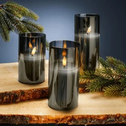 Online DecoWoerner LED Wachs-Kerzen-Set Im Glas 3 Stück Rauch 7,5 Cm Ø Von 12,5 Cm / 15 Cm / 17,5 Cm Grau