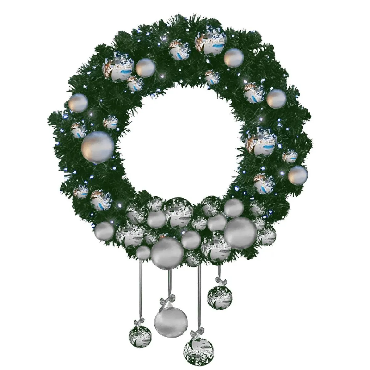 Discount DecoWoerner Luvi Kranz Mit Kugeln Und LED Kalt 120 Cm Ø silber