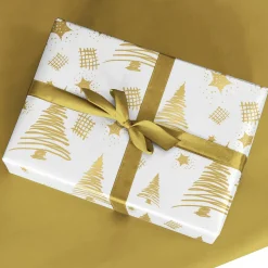 New DecoWoerner Nachhaltiges, Doppelseitiges Weihnachts-Geschenkpapier Mit Tannenbäumen & Sternen In – 50 M Geschenkpapier-Rolle gold