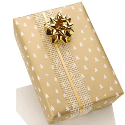 DecoWoerner Nachhaltiges, enes Weihnachts-Geschenkpapier Mit Weißen Tannenbäumen – 50 M Geschenkpapier-Rolle gold