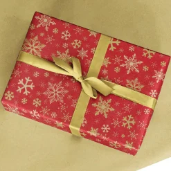 New DecoWoerner Recyceltes, es Kraftpapier Mit Goldenen Schneeflocken – 50 M Geschenkpapier-Rolle rot