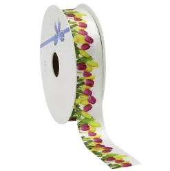 Sale DecoWoerner Satinband Geschenkband Mit Tulpen Motiv, 23 Mm, 20 M mehrfarbig