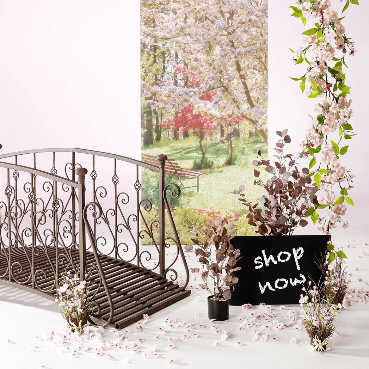 New DecoWoerner Schwer Entflammbarer Stoffbanner "Baumblüte Im Park" Aus Fahnenstoff 100 X 200 Cm rosa