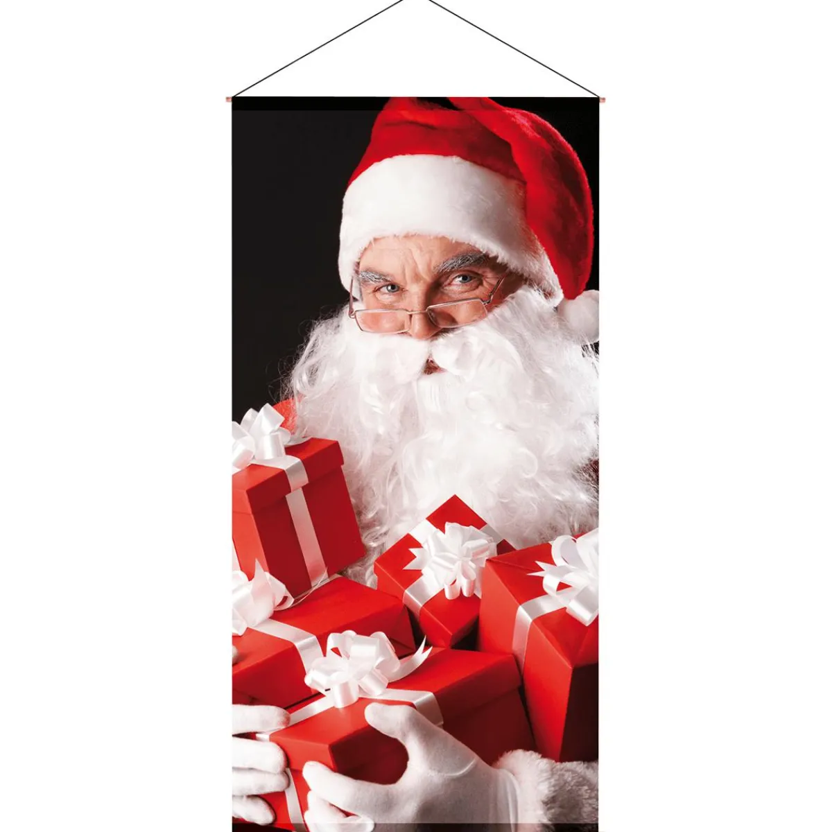 Hot DecoWoerner Schwer Entflammbarer Stoffbanner "Weihnachtsmann Mit -weißen Geschenken" Aus Fahnenstoff 100 X 200 Cm rot