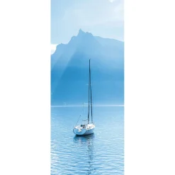 Best DecoWoerner Schwer Entflammbarer Stoffbanner „Segelboot Vor Den Schweizer Alpen“ Aus Fahnenstoff 75 X 180 Cm blau