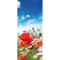 DecoWoerner Schwer Entflammbarer Stoffbanner „Wiese Mit Mohnblumen Und Gänseblümchen“ Aus Fahnenstoff 75 X 180 Cm rot