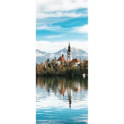 Discount DecoWoerner Schwer Entflammbarer Stoffbanner „Bergmotiv Mit Kirche Am See“ Aus Fahnenstoff 75 X 180 Cm blau
