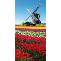 New DecoWoerner Schwer Entflammbarer Stoffbanner „Windmühle Im Tulpenfeld“ Aus Fahnenstoff 100 X 200 Cm rot