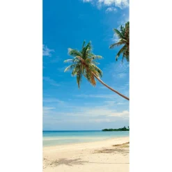 DecoWoerner Schwer Entflammbarer Stoffbanner „Palmenstrand“ Aus Fahnenstoff 100 X 200 Cm blau