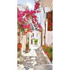 Discount DecoWoerner Schwer Entflammbarer Stoffbanner „mediterrane Gasse Mit Bougainvillea“ Aus Fahnenstoff 100 X 200 Cm rosa