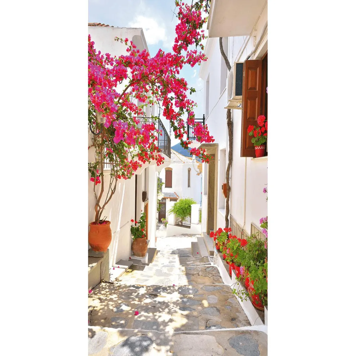Discount DecoWoerner Schwer Entflammbarer Stoffbanner „mediterrane Gasse Mit Bougainvillea“ Aus Fahnenstoff 100 X 200 Cm rosa