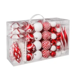 New DecoWoerner Weihnachtskugel-Set Aus Kunststoff 100tlg. Weiß 3 - 14 Cm Lang & 3 - 6 Cm Ø Inkl Metall-Aufhänger rot